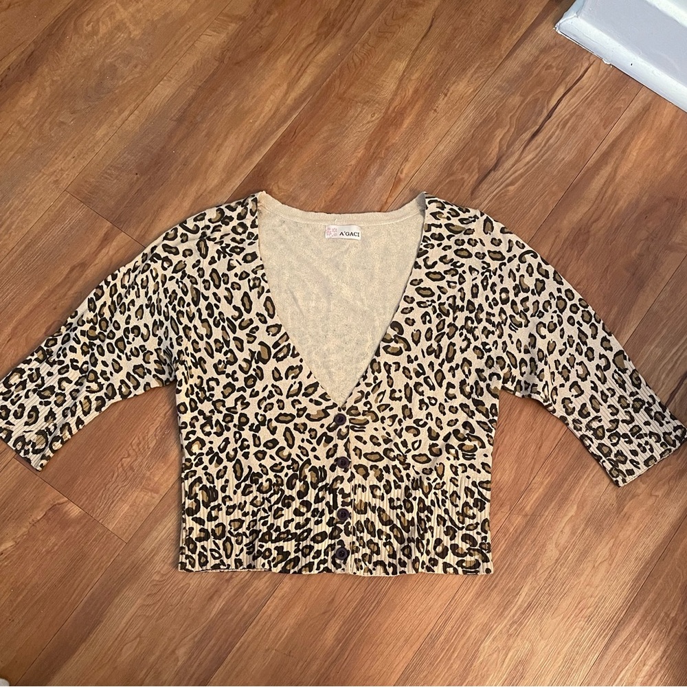 90’s A’ Gaci Cheetah Print Cropped V Neck Cardigan M